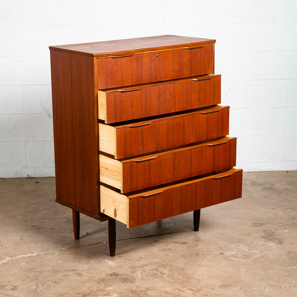 Mid Century Danish Modern Highboy Dresser 5 Drawer Teak Handles Denmark Tall Mcm - Image 3