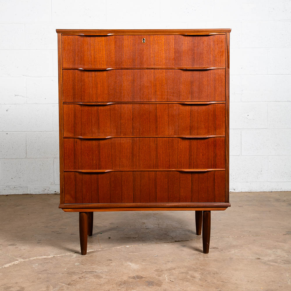 Mid Century Danish Modern Highboy Dresser 5 Drawer Teak Handles Denmark Tall Mcm