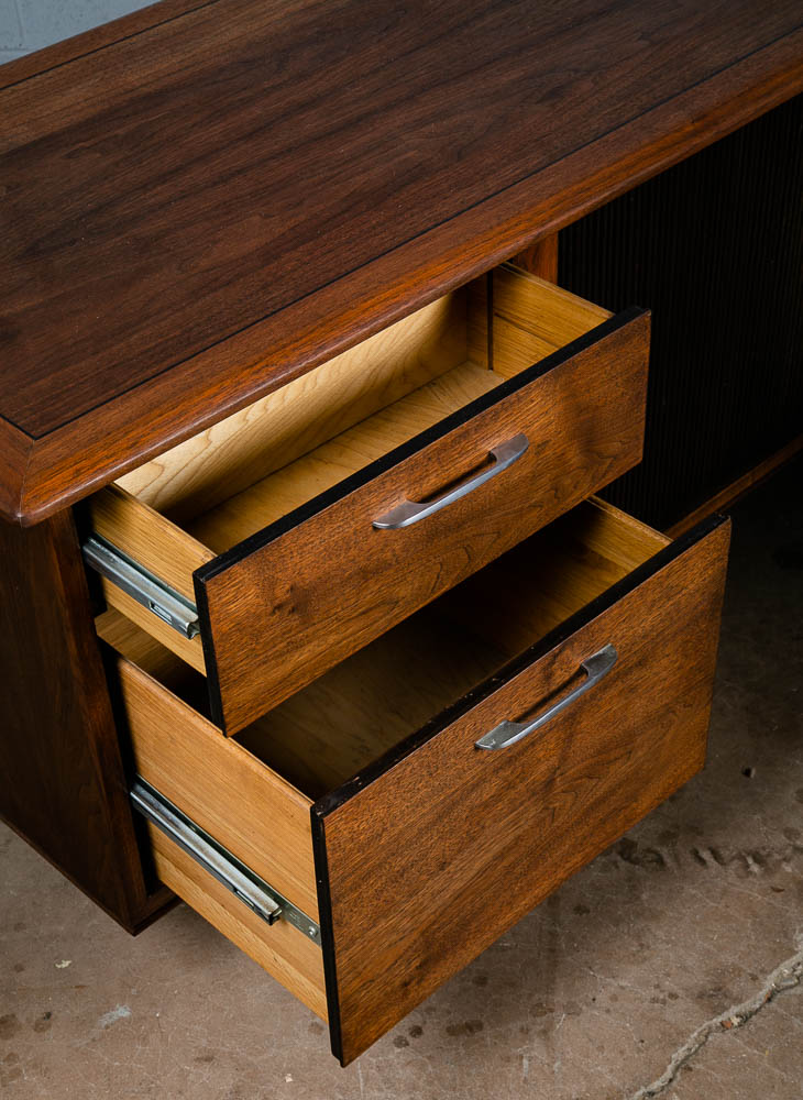 Mid Century Modern Desk Executive L shaped Solid Walnut Tambour Door Large File - Image 12