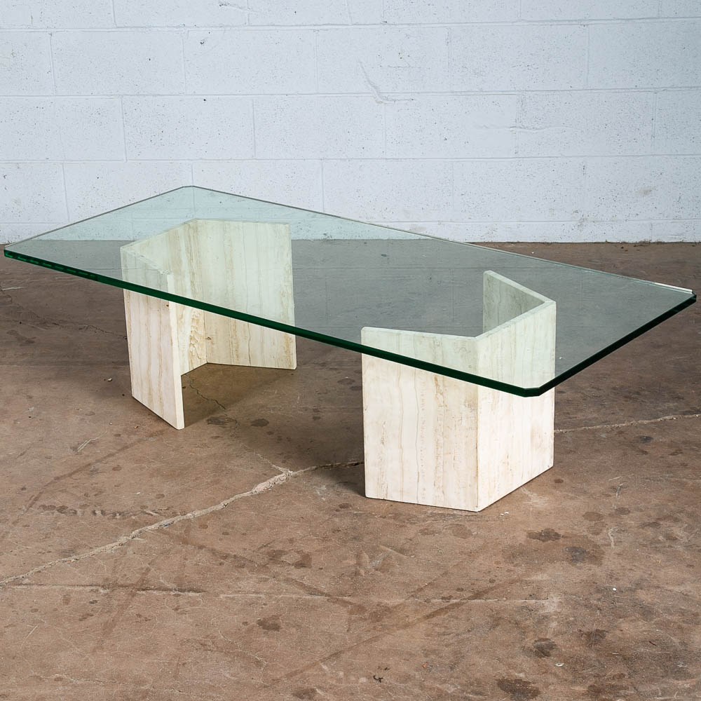 Mid Century Modern Coffee Table Travertine Stone Italian Glass Vintage Large 60"