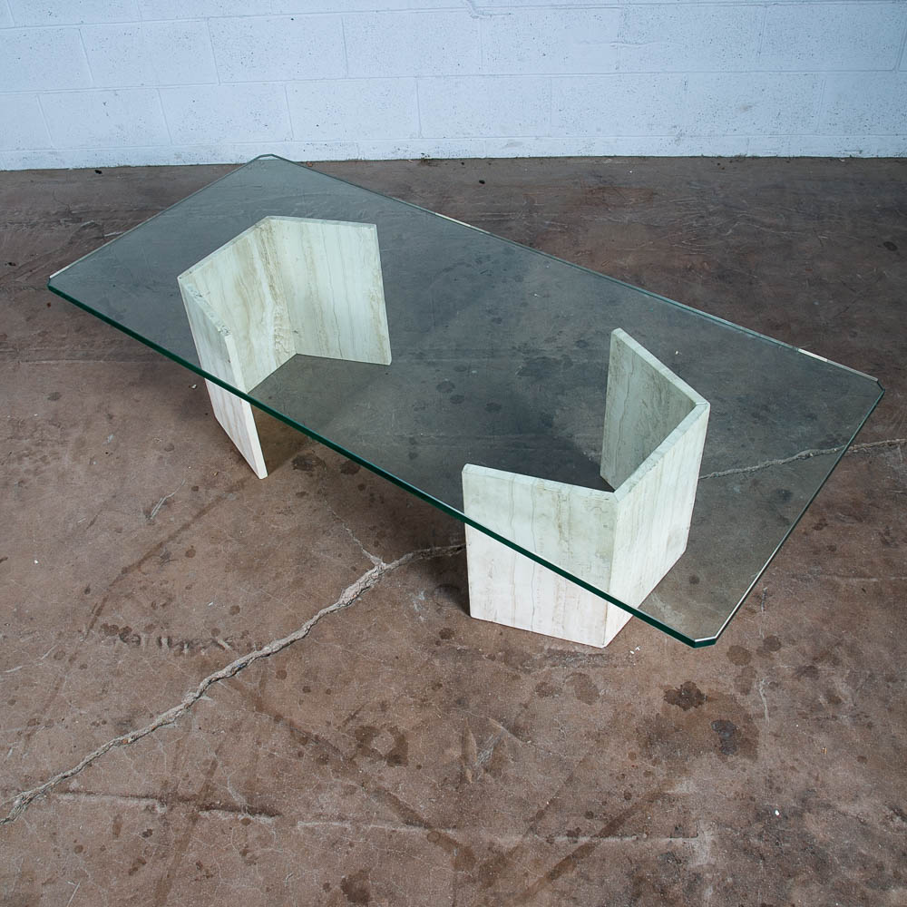 Mid Century Modern Coffee Table Travertine Stone Italian Glass Vintage Large 60" - Image 9