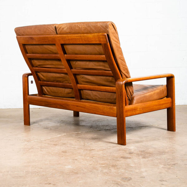 Mid Century Danish Modern Settee Sofa Komfort Tan Leather Denmark 2 Seat Teak VG - Image 4