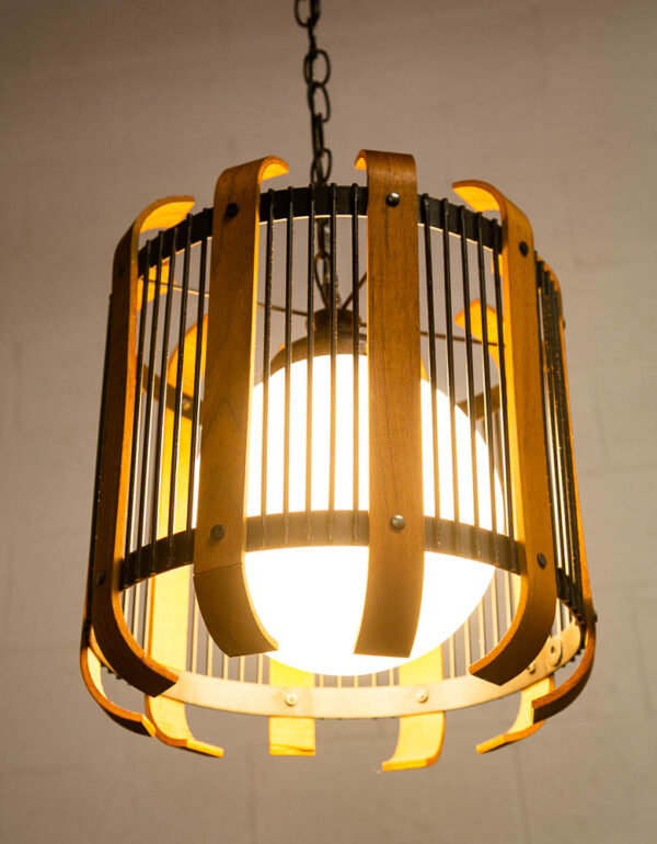 Mid Century Modern Hanging Lamp Metal Wood Switch Vintage White Globe Glass Mcm - Image 7