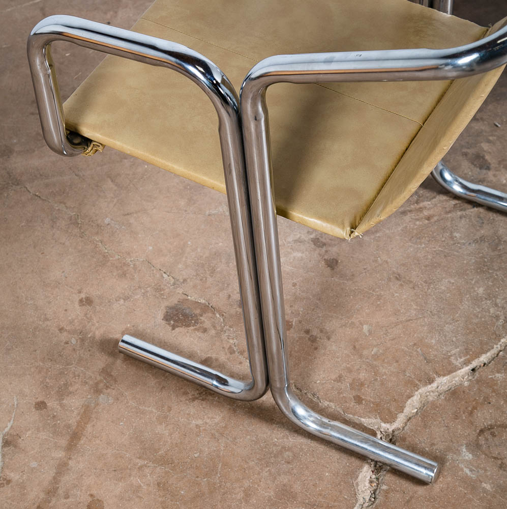 Mid Century Modern Lounge Chairs Chrome Tan Jerry Johnson Sling Pair Armchair 2 - Image 11