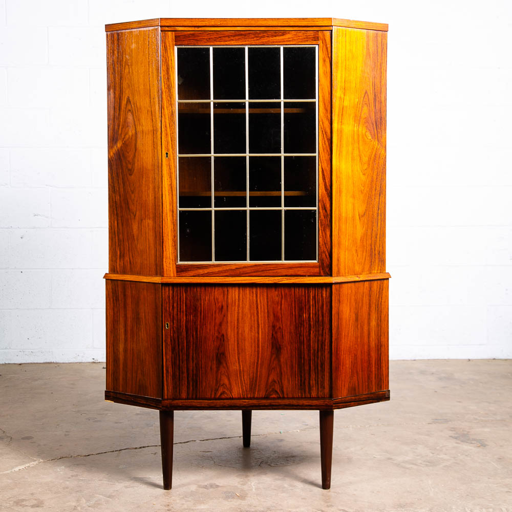 Mid Century Danish Modern Corner Cabinet Rosewood Wood Bar Denmark Locking Glass - Image 5