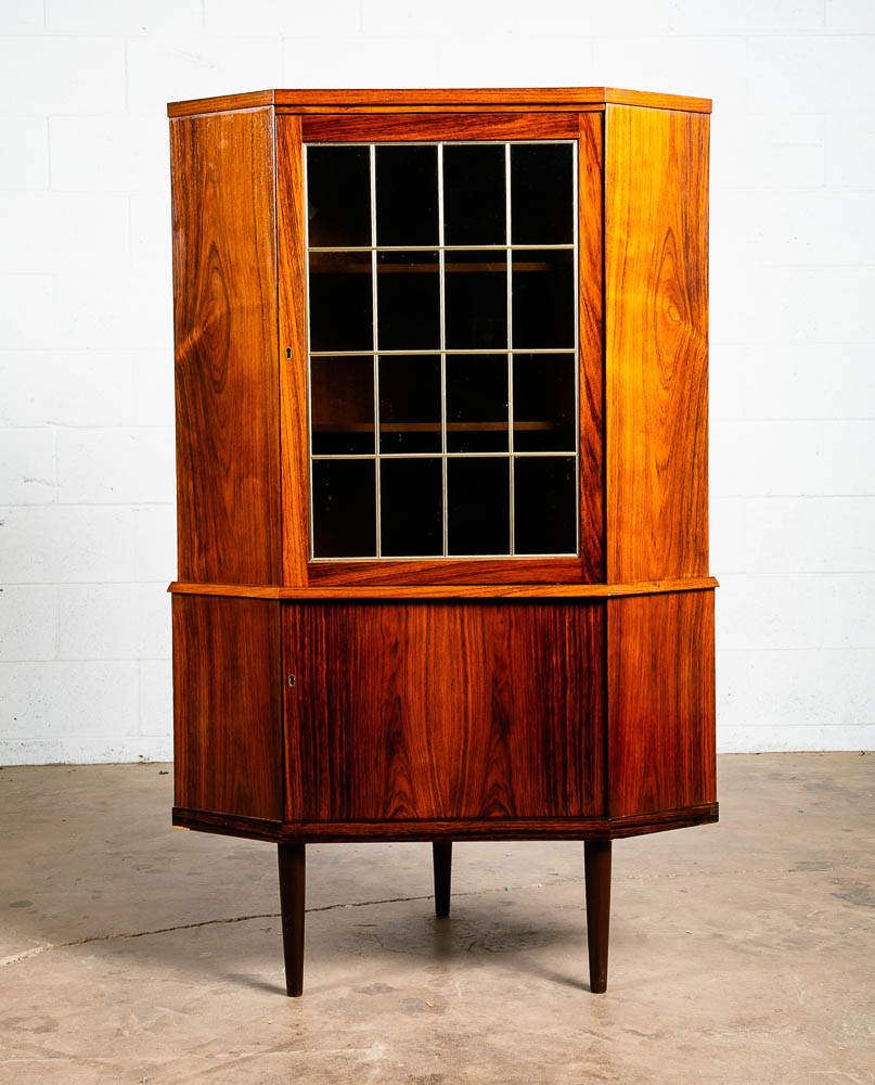 Mid Century Danish Modern Corner Cabinet Rosewood Wood Bar Denmark Locking Glass