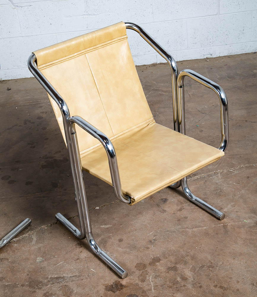 Mid Century Modern Lounge Chairs Chrome Tan Jerry Johnson Sling Pair Armchair 2 - Image 6