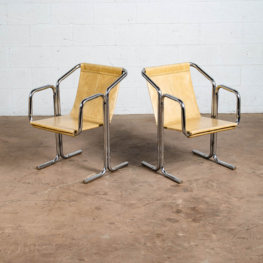 Mid Century Modern Lounge Chairs Chrome Tan Jerry Johnson Sling Pair Armchair 2 - Image 5