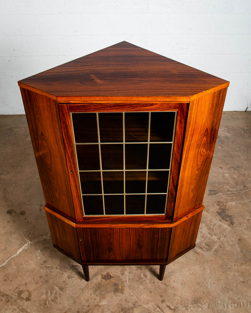 Mid Century Danish Modern Corner Cabinet Rosewood Wood Bar Denmark Locking Glass - Image 3