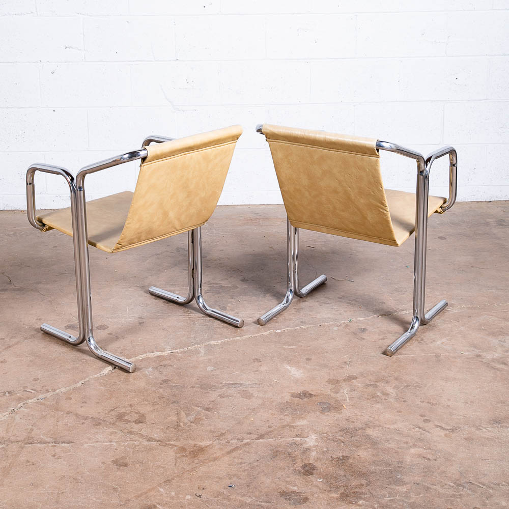 Mid Century Modern Lounge Chairs Chrome Tan Jerry Johnson Sling Pair Armchair 2 - Image 4