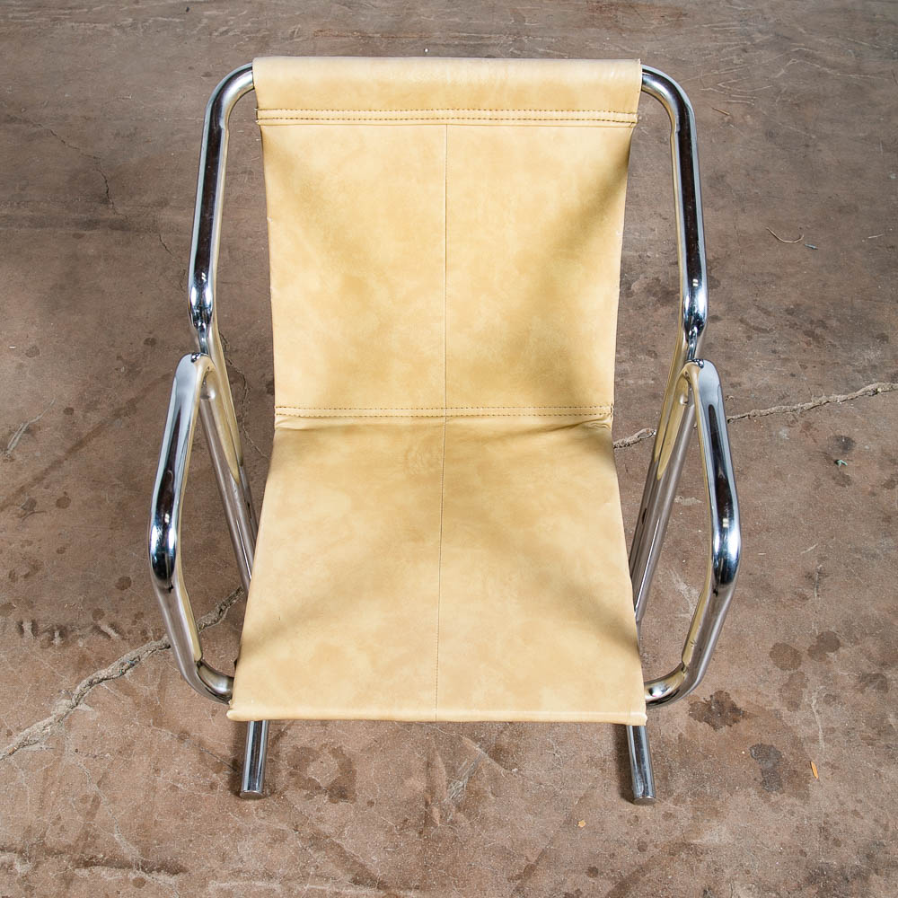 Mid Century Modern Lounge Chairs Chrome Tan Jerry Johnson Sling Pair Armchair 2 - Image 9