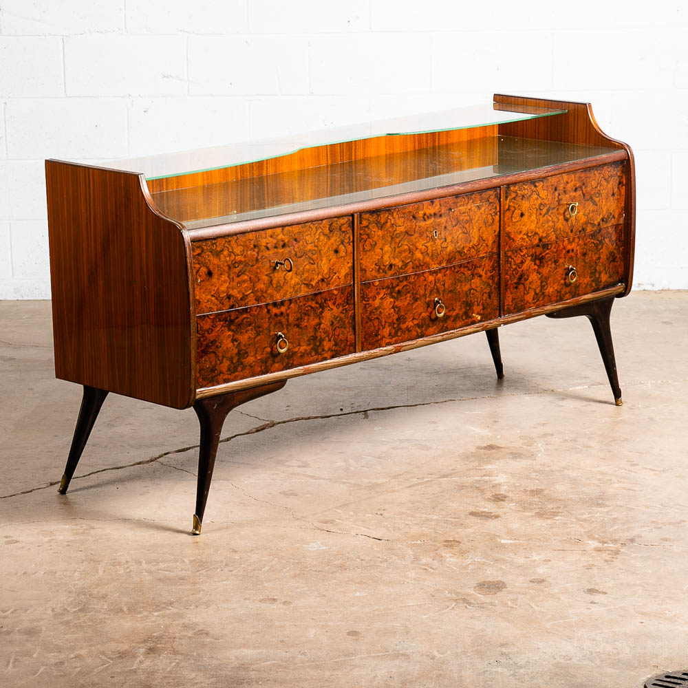 Mid Century Danish Modern Credenza Vanity Teak Italian 6 Drawers Mirror Glass - Image 3