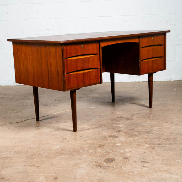 Mid Century Danish Modern Desk Executive Teak 6 Drawer Bookshelf Floating Shelf