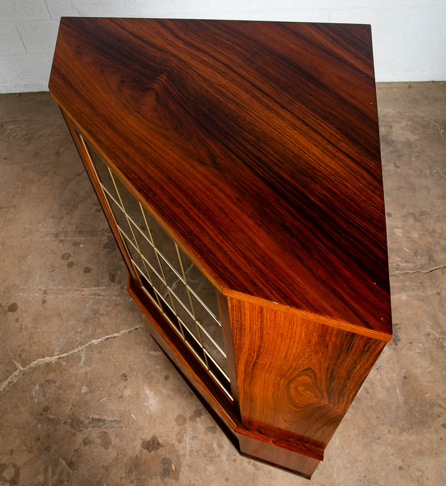 Mid Century Danish Modern Corner Cabinet Rosewood Wood Bar Denmark Locking Glass - Image 11