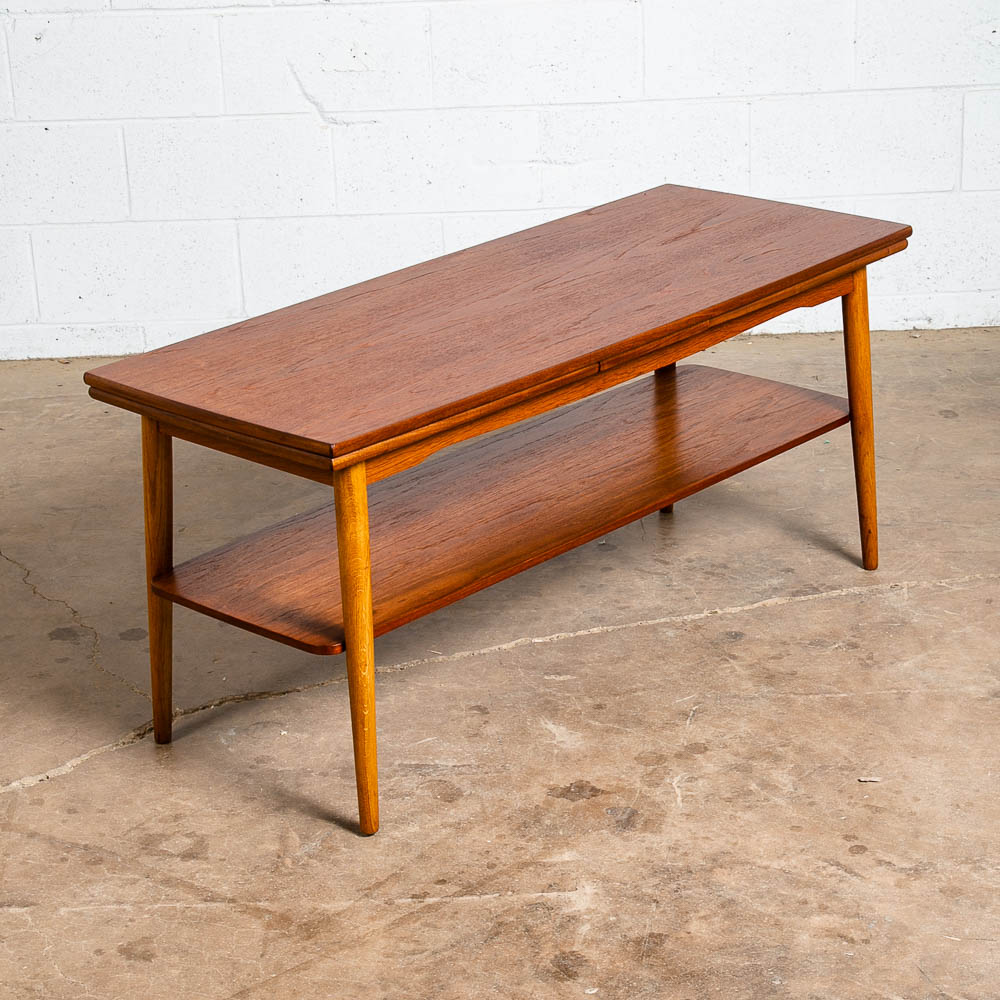 Mid Century Danish Modern Coffee Table Teak Extension Draw Leafs Mcm Shelf Oak