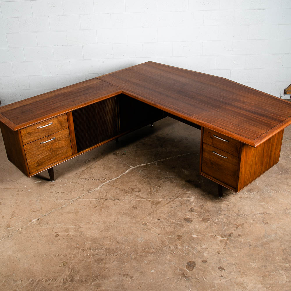 Mid Century Modern Desk Executive L shaped Solid Walnut Tambour Door Large File - Image 6