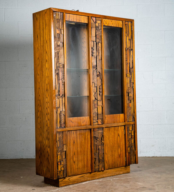 Mid Century Modern Hutch China Cabinet Lane Mosaic Pueblo Brutalist Glass Wood - Image 2