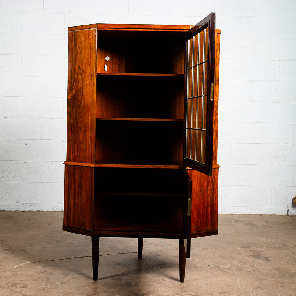 Mid Century Danish Modern Corner Cabinet Rosewood Wood Bar Denmark Locking Glass - Image 6