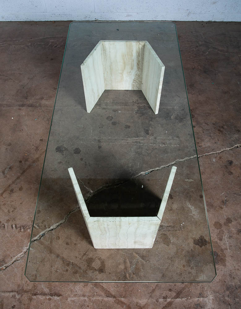 Mid Century Modern Coffee Table Travertine Stone Italian Glass Vintage Large 60" - Image 3