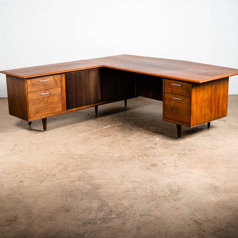 Mid Century Modern Desk Executive L shaped Solid Walnut Tambour Door Large File