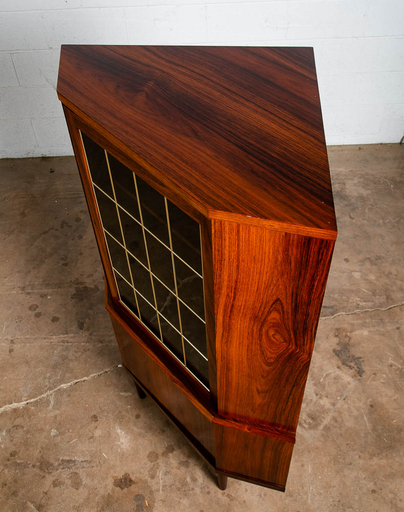 Mid Century Danish Modern Corner Cabinet Rosewood Wood Bar Denmark Locking Glass - Image 7