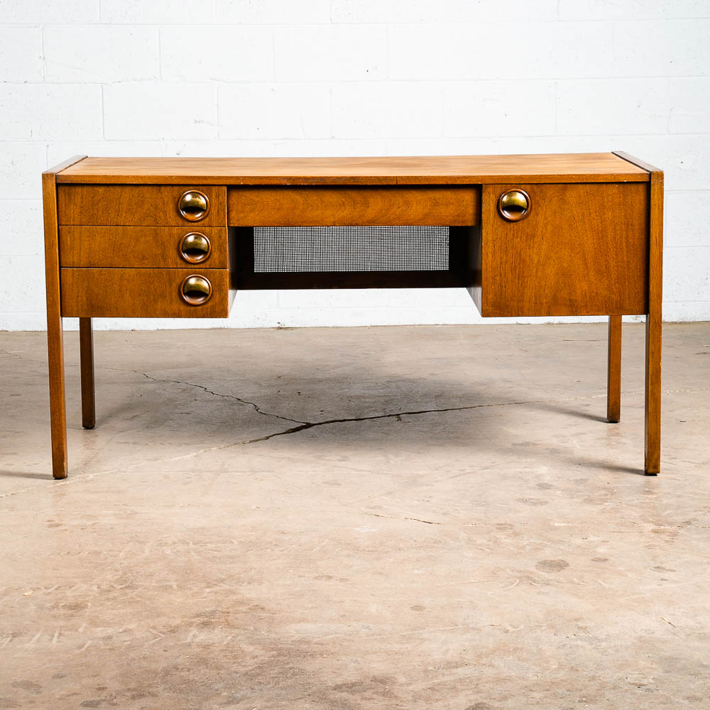 Mid Century Modern Desk Executive 5 Drawer Walnut Wood Cane Front Mcm Vintage