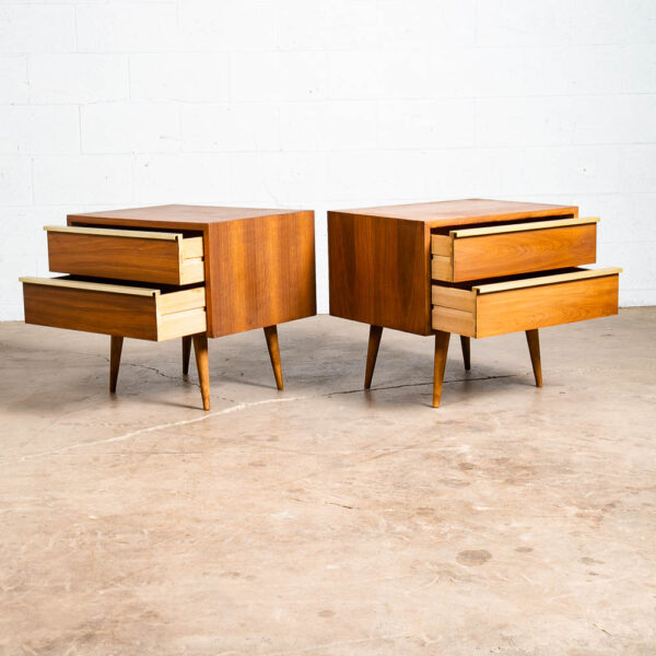 Mid Century Modern Nightstands End Side Tables Brown Saltman Walnut 2 Drawer - Image 3