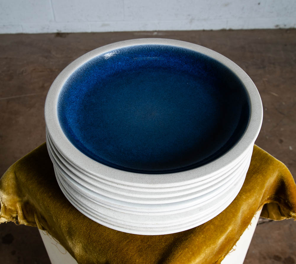 Mid Century Modern 15 Plate Set Ceramics Edith Heath Dinner Blue Rim Moonstone