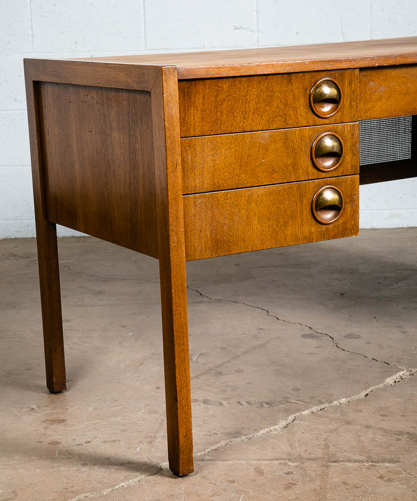 Mid Century Modern Desk Executive 5 Drawer Walnut Wood Cane Front Mcm Vintage - Image 7