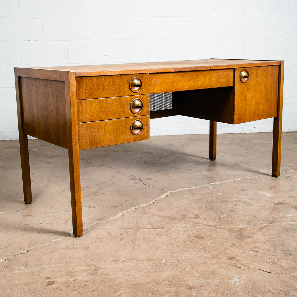 Mid Century Modern Desk Executive 5 Drawer Walnut Wood Cane Front Mcm Vintage - Image 10