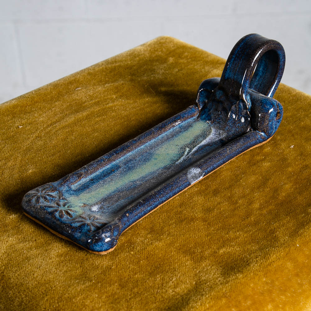 Mid Century Modern Ceramic Spoon Rest Vintage Blue Green Groovy Floral Studio