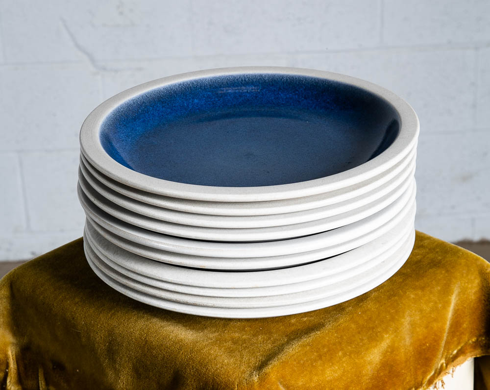 Mid Century Modern 15 Plate Set Ceramics Edith Heath Dinner Blue Rim Moonstone - Image 2