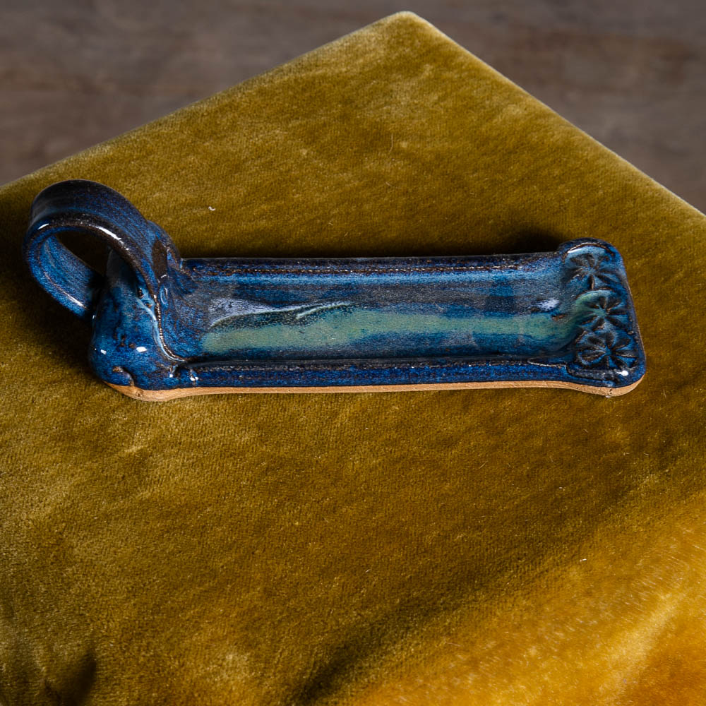 Mid Century Modern Ceramic Spoon Rest Vintage Blue Green Groovy Floral Studio - Image 2