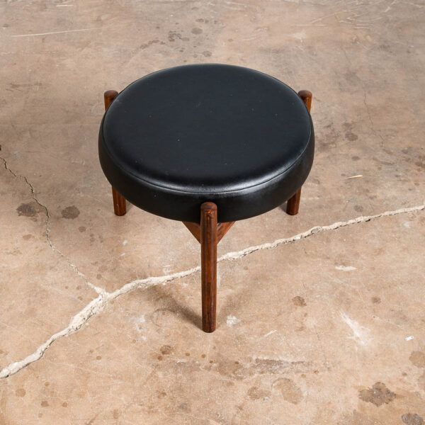 Mid Century Danish Modern Ottoman Stool Black Leather Tripod Rosewood Spottrup