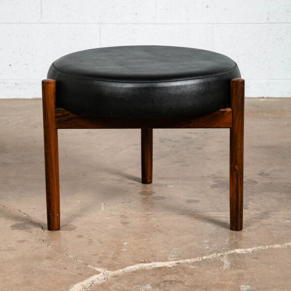 Mid Century Danish Modern Ottoman Stool Black Leather Tripod Rosewood Spottrup - Image 2