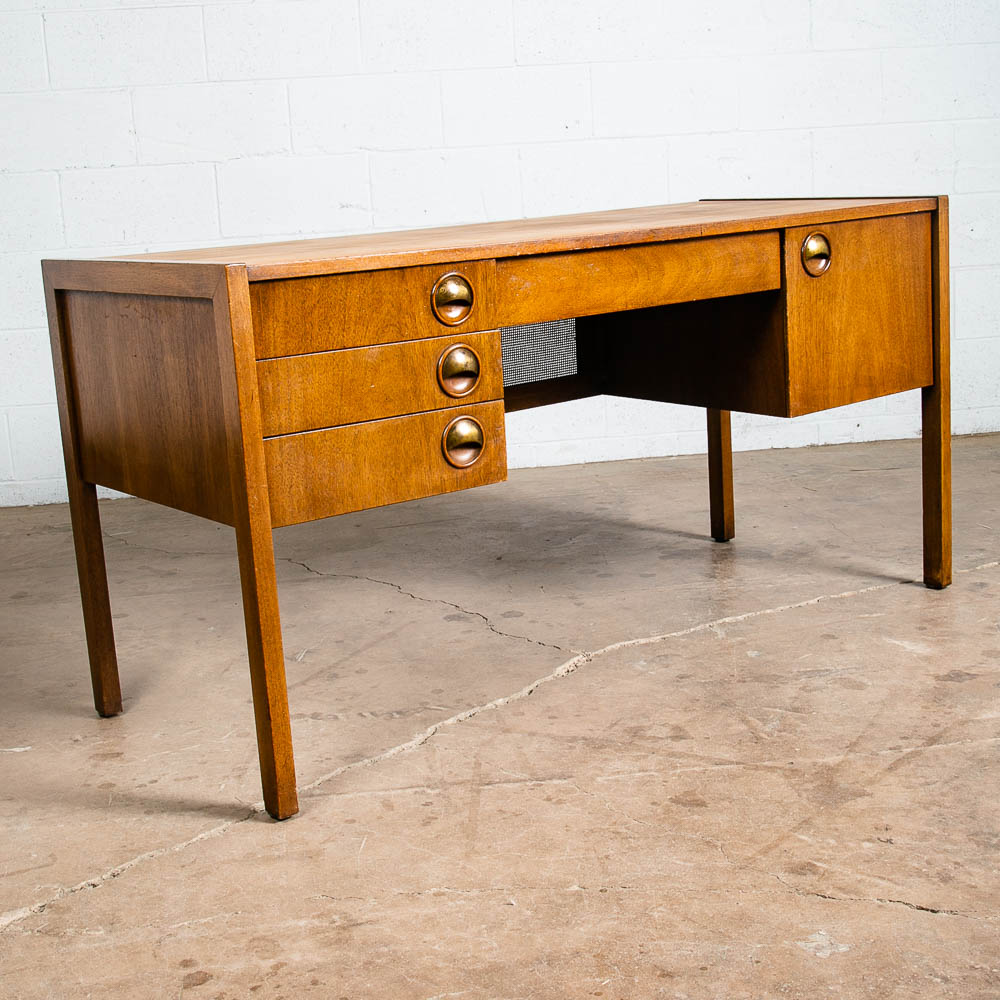 Mid Century Modern Desk Executive 5 Drawer Walnut Wood Cane Front Mcm Vintage - Image 2