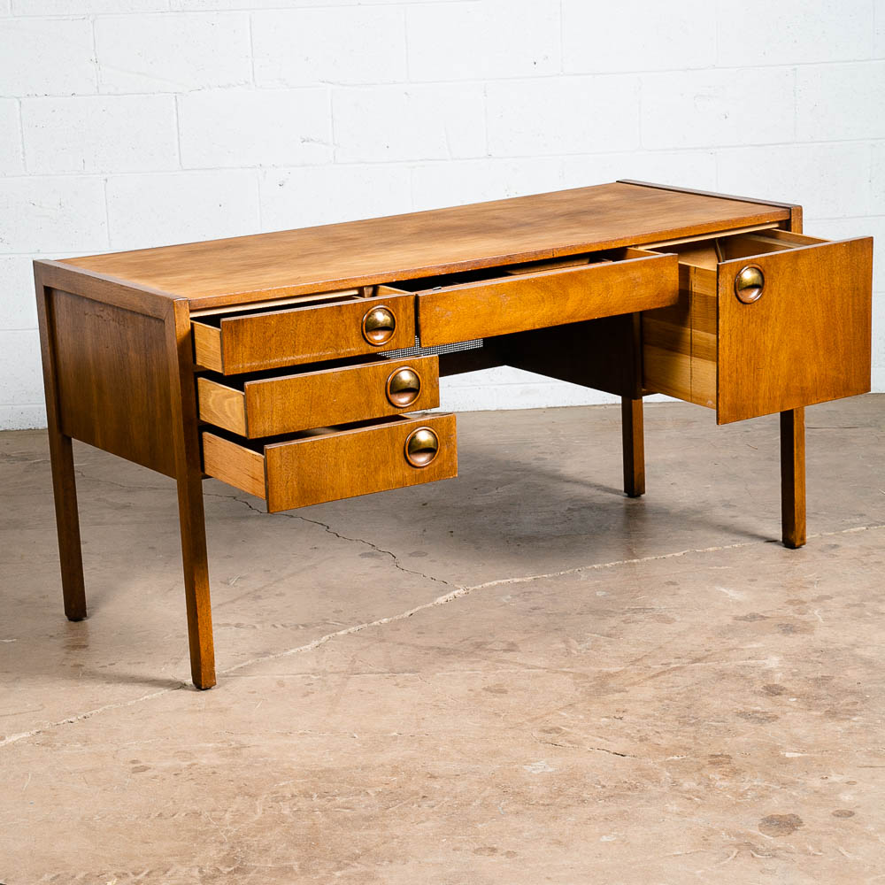 Mid Century Modern Desk Executive 5 Drawer Walnut Wood Cane Front Mcm Vintage - Image 3