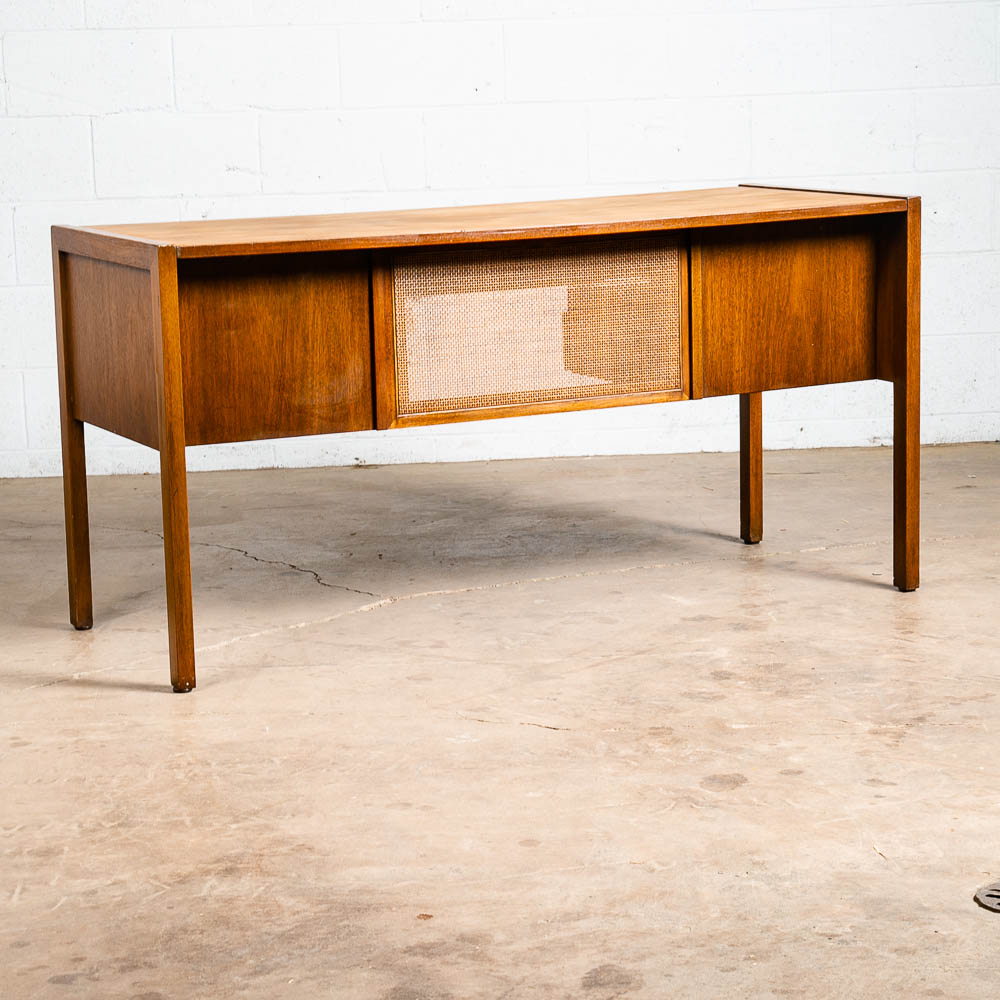 Mid Century Modern Desk Executive 5 Drawer Walnut Wood Cane Front Mcm Vintage - Image 4