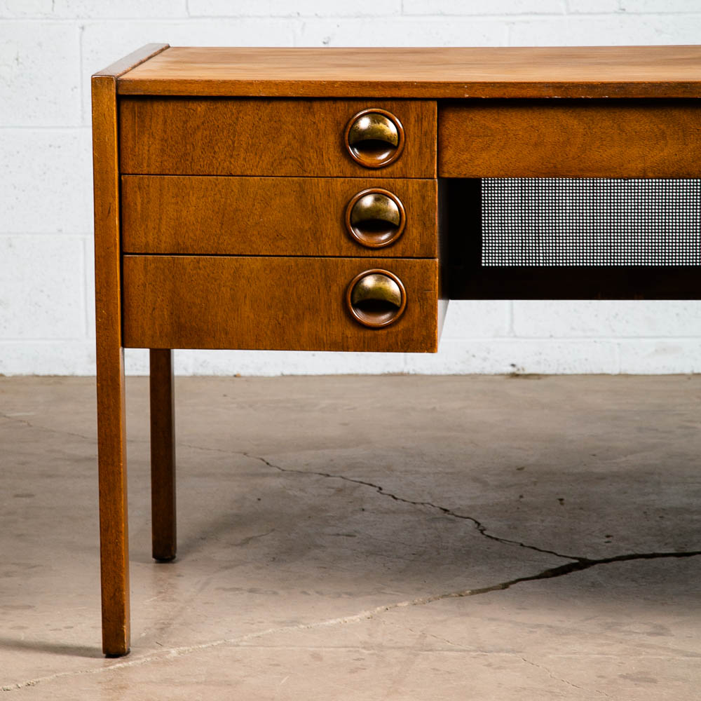 Mid Century Modern Desk Executive 5 Drawer Walnut Wood Cane Front Mcm Vintage - Image 8