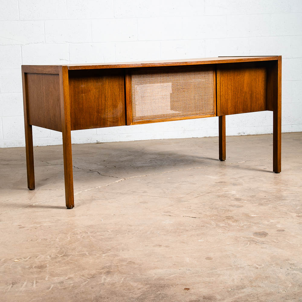 Mid Century Modern Desk Executive 5 Drawer Walnut Wood Cane Front Mcm Vintage - Image 9