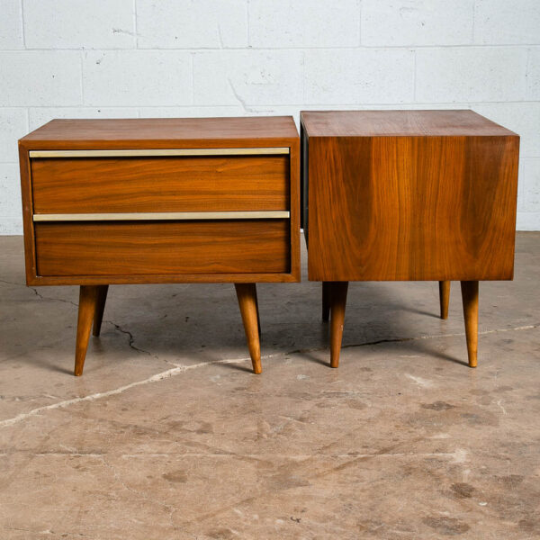 Mid Century Modern Nightstands End Side Tables Brown Saltman Walnut 2 Drawer - Image 9