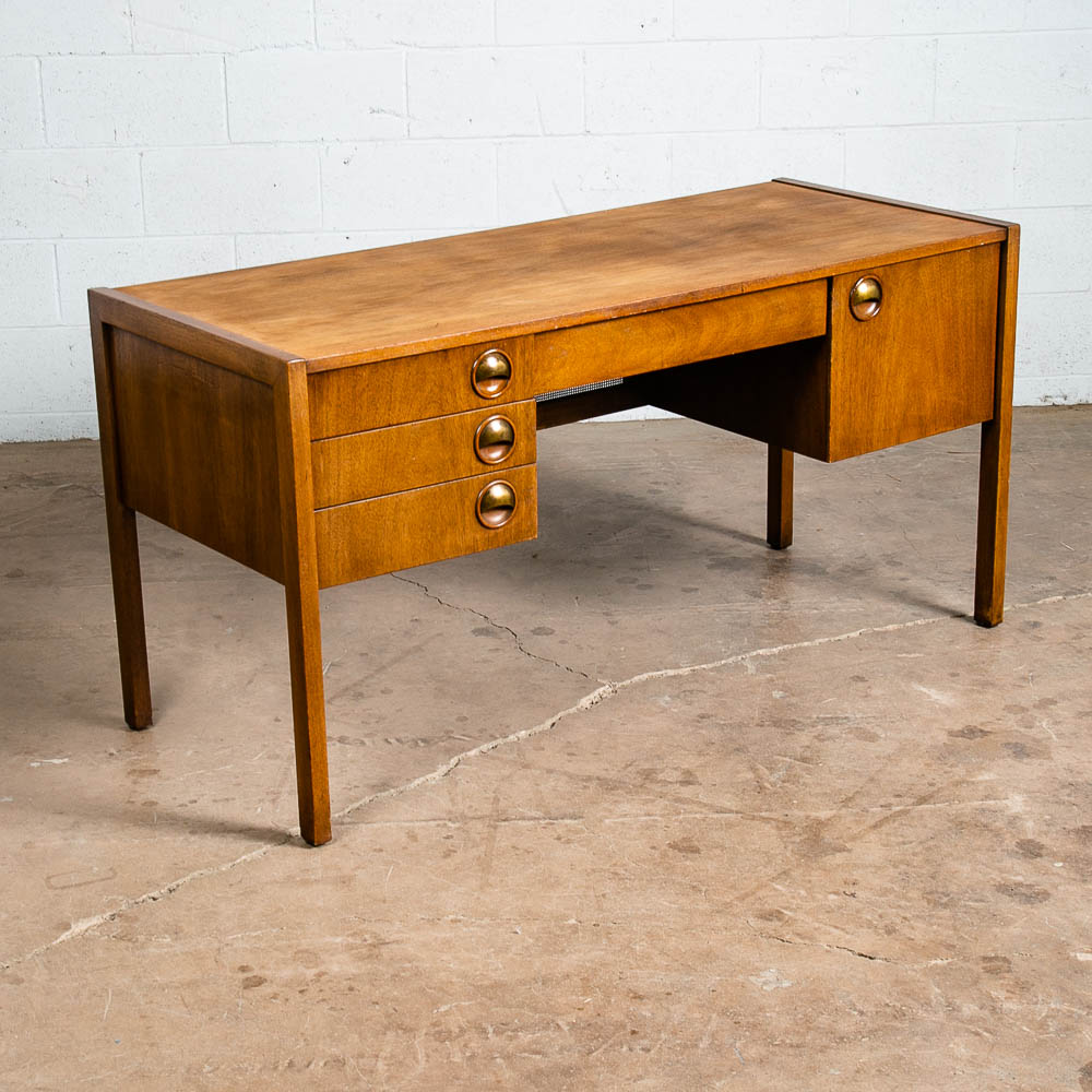Mid Century Modern Desk Executive 5 Drawer Walnut Wood Cane Front Mcm Vintage - Image 6