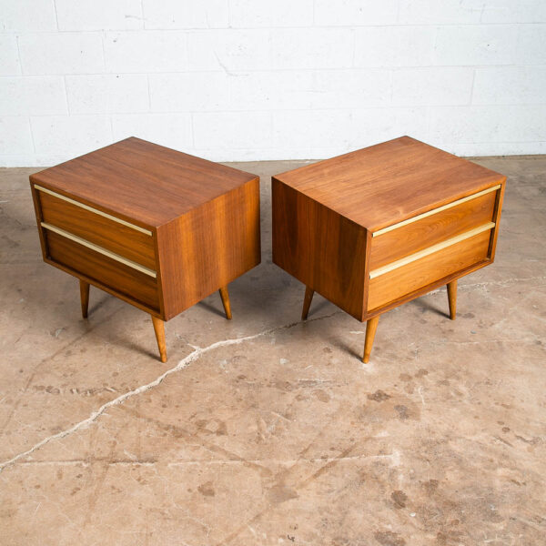 Mid Century Modern Nightstands End Side Tables Brown Saltman Walnut 2 Drawer - Image 7