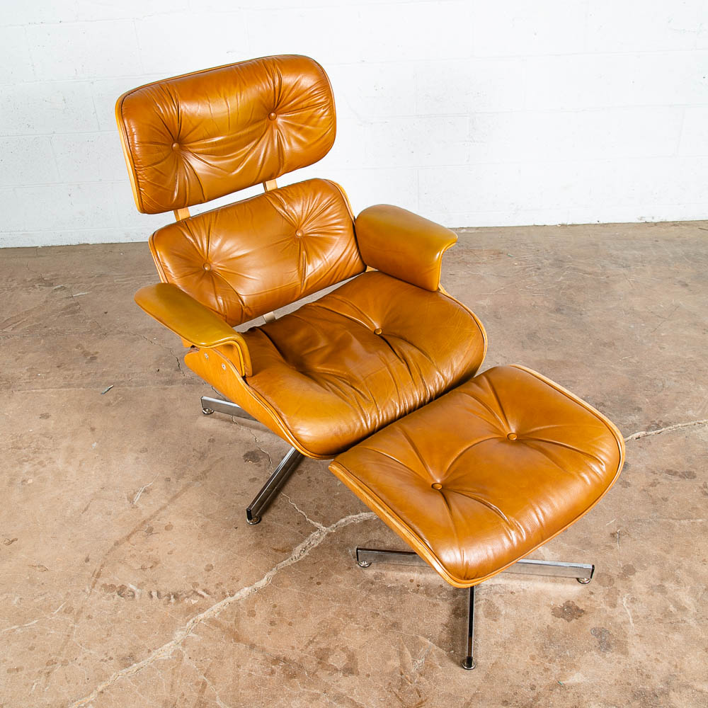 Mid Century Modern Lounge Chair Plycraft Brown Tan Leather Swivel Ottoman Wood - Image 4