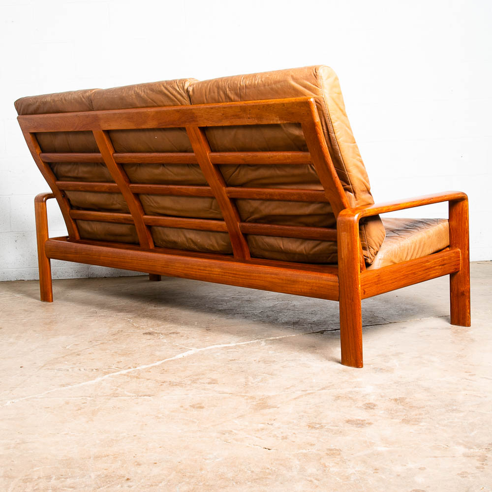 Mid Century Danish Modern Settee Sofa Komfort Tan Leather Denmark 3 Seat Teak VG - Image 4