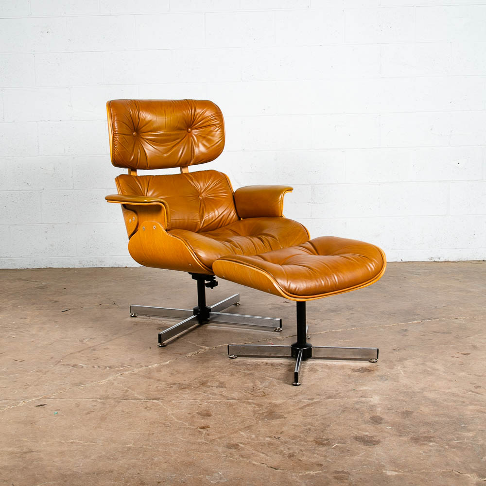 Mid Century Modern Lounge Chair Plycraft Brown Tan Leather Swivel Ottoman Wood - Image 5