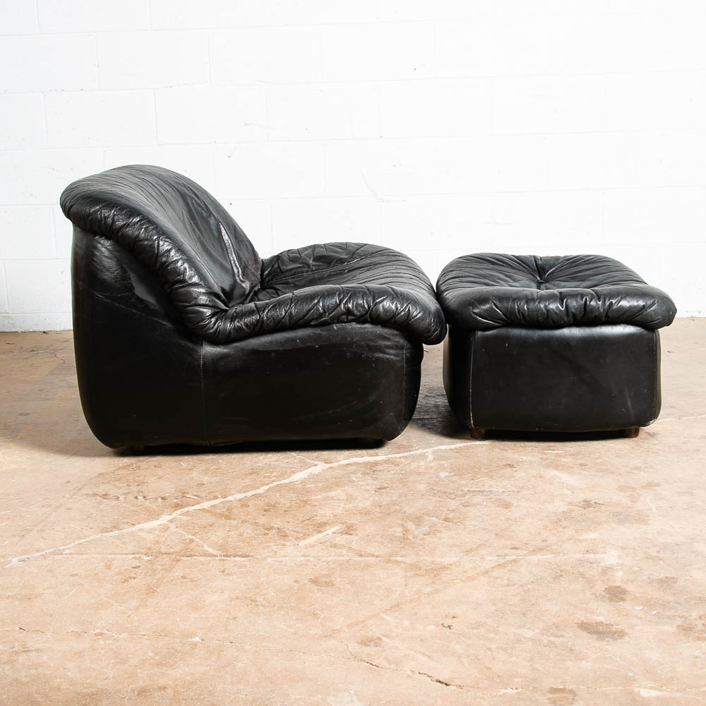Mid Century Modern Lounge Chair Black Leather Ottoman Set 80s Vintage Retro Seat - Image 2