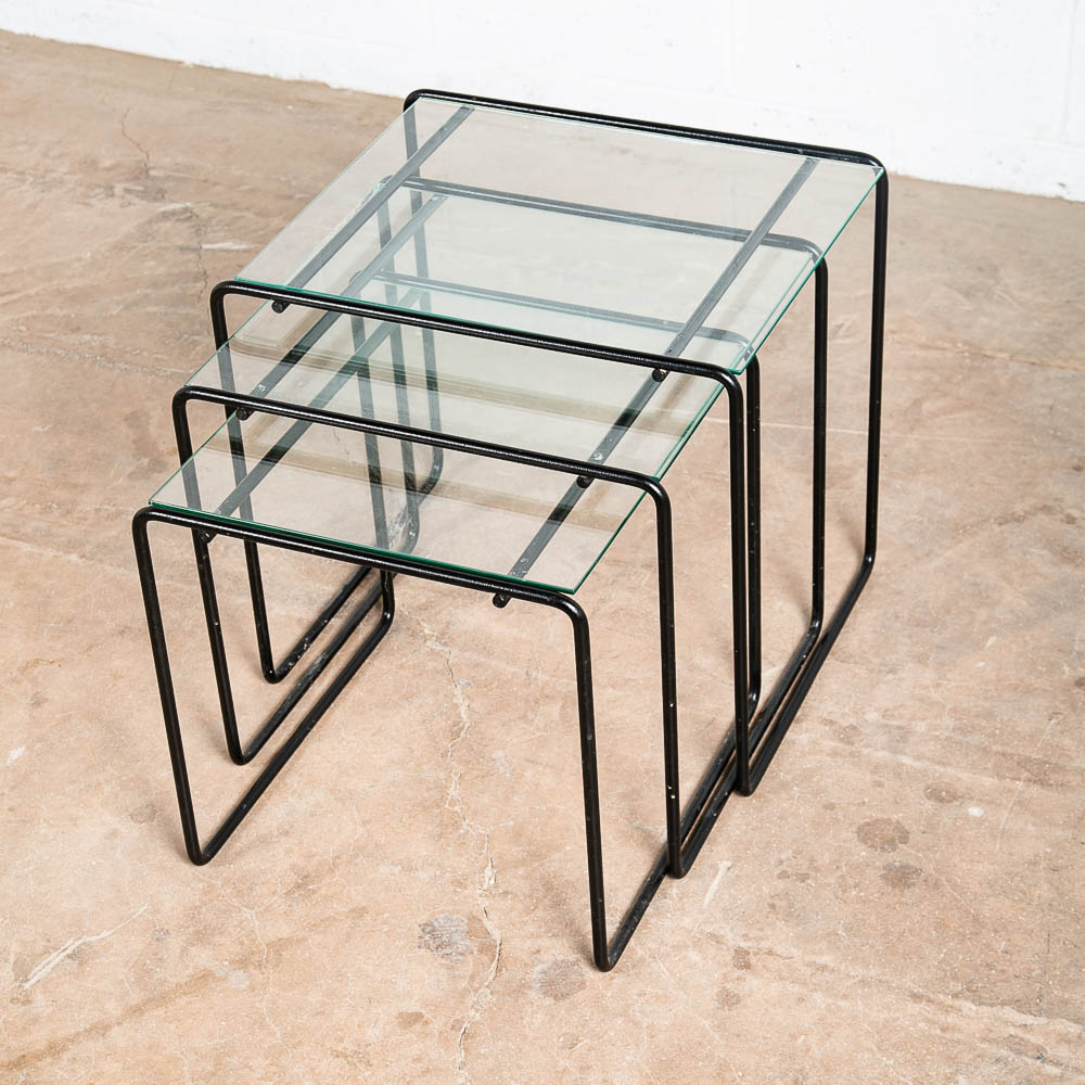 Mid Century Post Modern Nesting Tables Glass Black Iron Set 3 Adjustable Vintage - Image 10