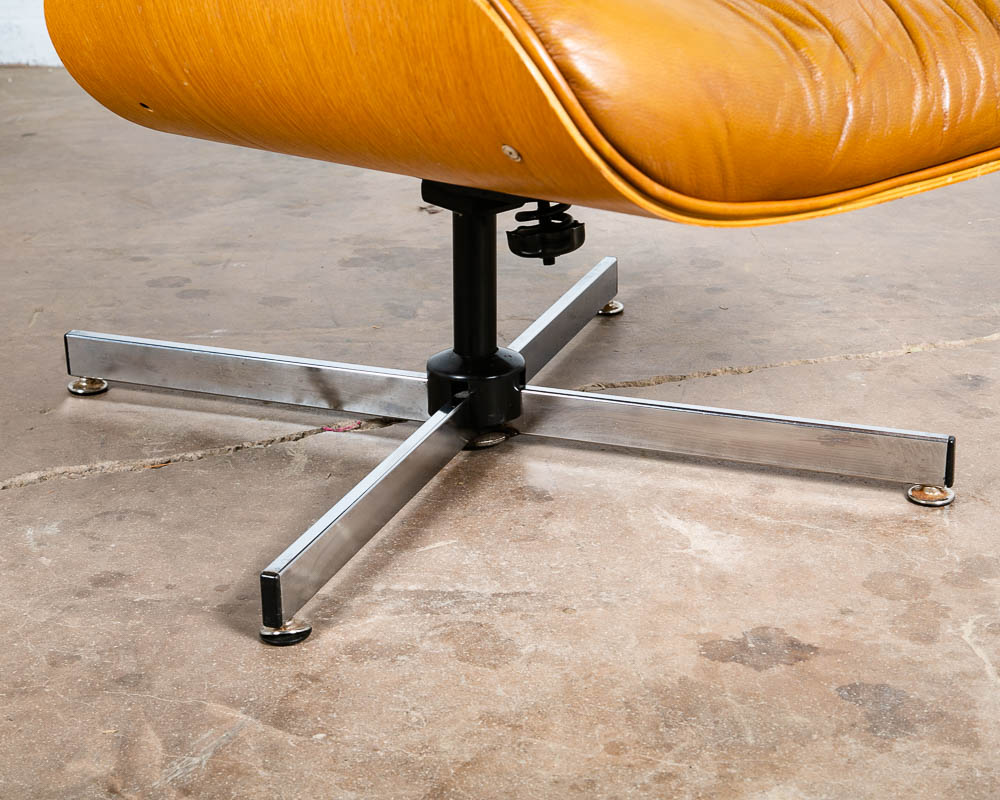 Mid Century Modern Lounge Chair Plycraft Brown Tan Leather Swivel Ottoman Wood - Image 12