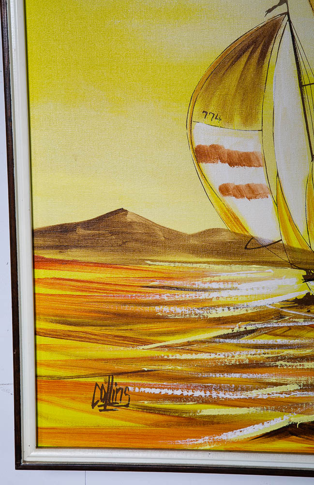 Mid Century Modern Original Art Guyot Boat Sailboat Brown Oil On Board Signed NM - Image 9